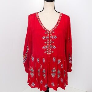 Free People Arianna boho embroidered tunic top red XS